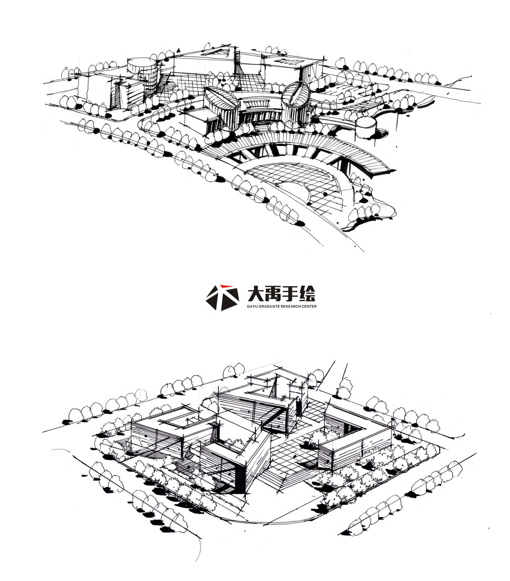 大禹手绘--规划手绘临摹图：单体材质，鸟瞰图，钢笔画