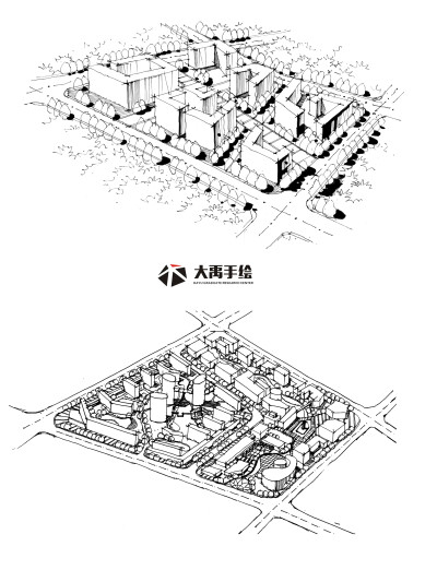 大禹手绘--规划手绘临摹图：单体材质，鸟瞰图，钢笔画