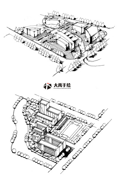 大禹手绘--规划手绘临摹图：单体材质，鸟瞰图，钢笔画