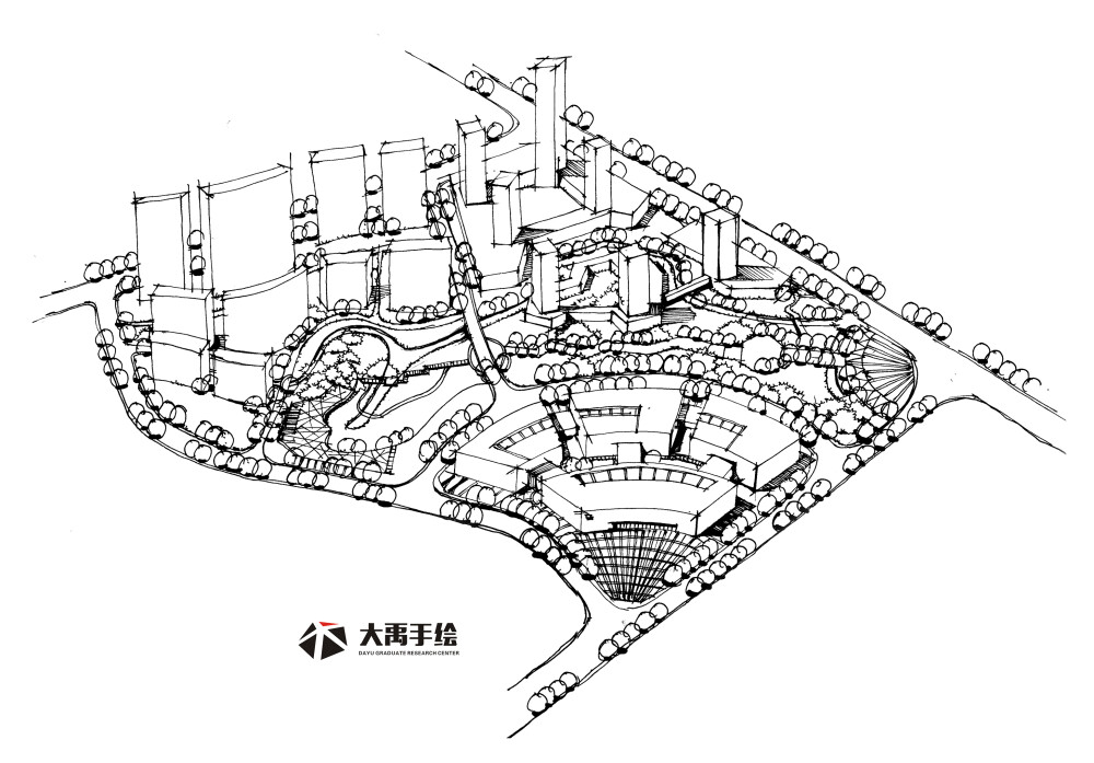 大禹手绘--规划手绘临摹图：单体材质，鸟瞰图，钢笔画