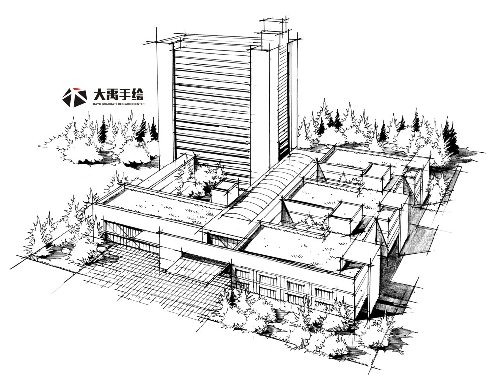 大禹手绘--规划手绘临摹图：单体材质，鸟瞰图，钢笔画