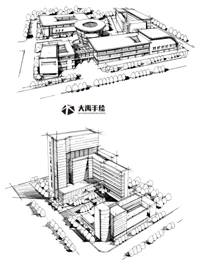 大禹手绘--规划手绘临摹图：单体材质，鸟瞰图，钢笔画