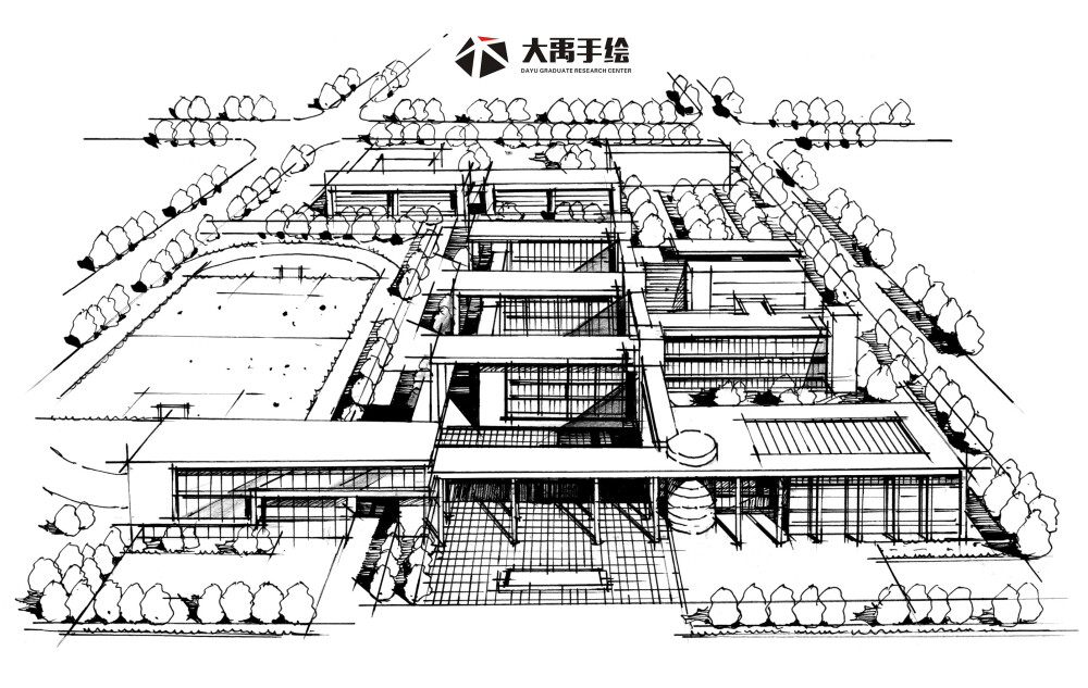 大禹手绘--规划手绘临摹图：单体材质，鸟瞰图，钢笔画