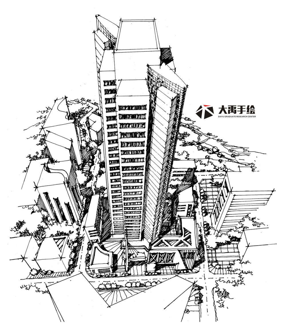 大禹手绘--规划手绘临摹图：单体材质，鸟瞰图，钢笔画