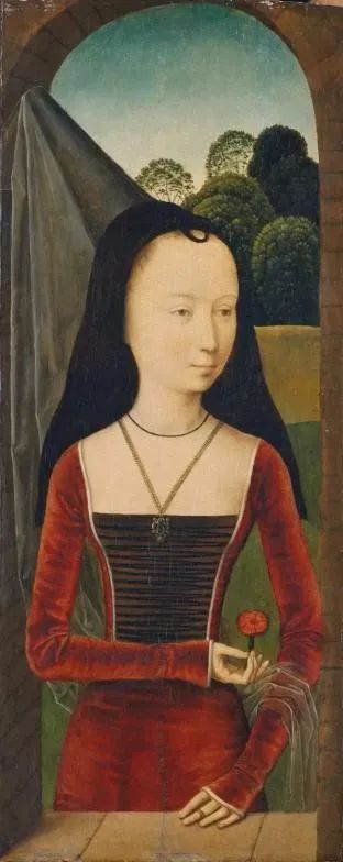 汉斯·梅姆林（Hans Memling，1430-1495）《桃紅色女人》：寓意女子的结婚与订婚