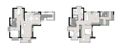 本案是学区房，三口之家。两层建筑面积共105平米，经过设计后，实现了客餐厅分区、中西厨吧台、三个卧室、两个书房、两个卫生间、两个衣帽间和独立洗衣房。不可思议吧，这么多功能，在这里都实现了。学区房都很小，…