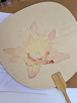 睡莲

古纹宣纸有枯黄的座色，感觉画白色的花应该很好看，但上次的荷花过程发现，白色颜料很难上色。那这次就试试粉色的花吧
