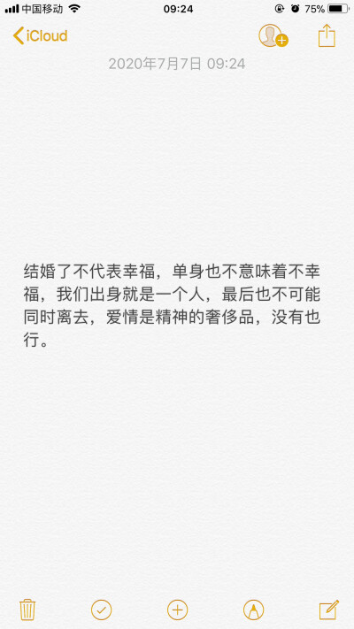 结婚了不代表幸福，单身也不意味着不幸福，我们出身就是一个人，最后也不可能同时离去，爱情是精神的奢侈品，没有也行。