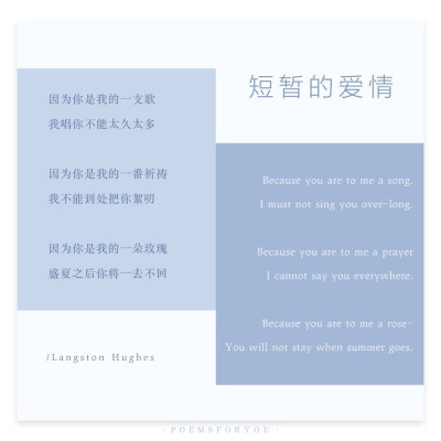 因为你是我的一朵玫瑰
盛夏之后你将一去不回
Because you are to me a rose-
You will not stay when summer goes
兰斯敦·休斯︱短暂的爱情 ​​​