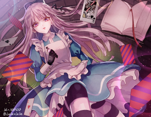 【来源pixiv，侵删】ツイログ15
画师：リカ@通販

★图片仅供欣赏收藏，禁改禁商用★
雾切响子，游戏及其动画《弹丸论破：希望的学园与绝望的高校生》女主角。希望之峰学院第78期学生，初期才能未知。实际头衔为“超高校级的侦探（超高校级の“侦探”）”非常无口的属性，并拥有相当神秘感和第六感的美少女。虽然面无表情，看似冷漠，但破案能力超强。

二次元/动漫/原创/同人画/人物插画/手绘/女生头像/壁纸/锁屏/背景/美少女/紫发/紫长直/三股辫/辫子/紫瞳/手套/制服/短裙/高筒靴/蝴蝶结/条纹袜/扑克牌