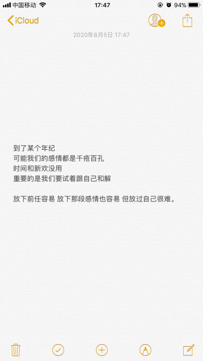 到了某个年纪
可能我们的感情都是千疮百孔
时间和新欢没用
重要的是我们要试着跟自己和解
放下前任容易 放下那段感情也容易 但放过自己很难。