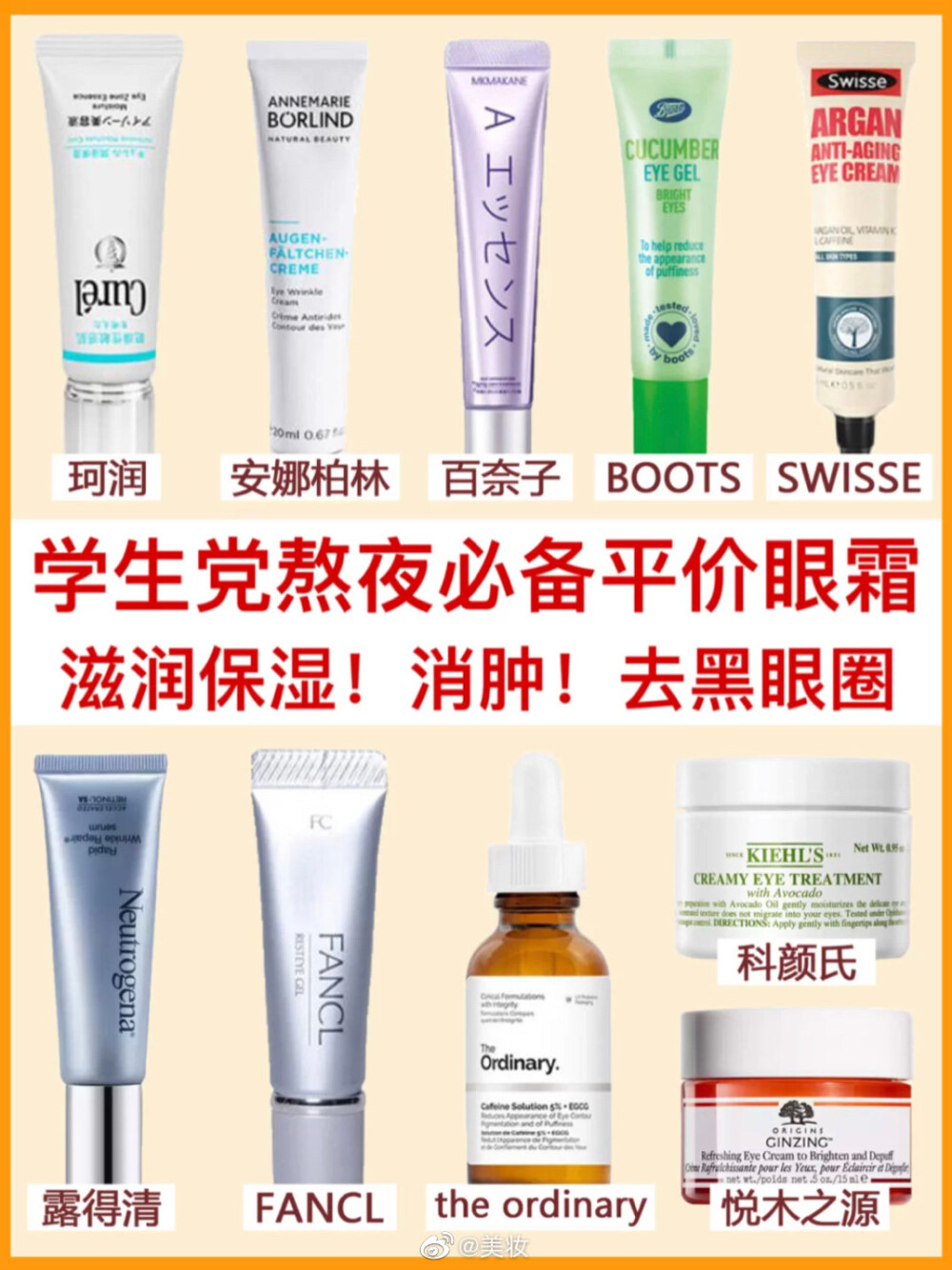 学生党熬夜必备平价眼霜 滋润 保湿 消肿 ​​​
仅供参考 来自微博美妆